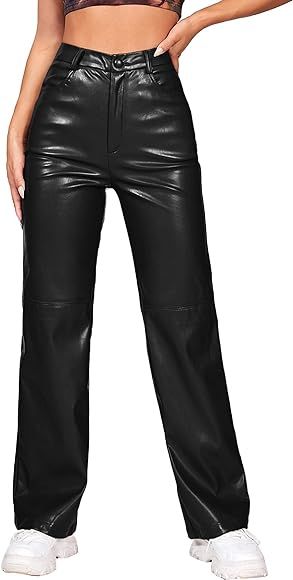 MakeMeChic Women's Faux Leather Pants Straight Wide Leg Leather Pants | Amazon (US)