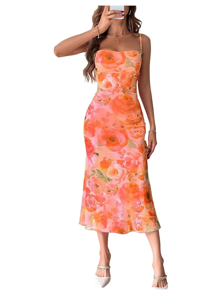 GORGLITTER Women's Floral Ruched Bodycon Midi Dress Mesh Fishtail Summer Wedding Guest Cocktail G... | Amazon (US)