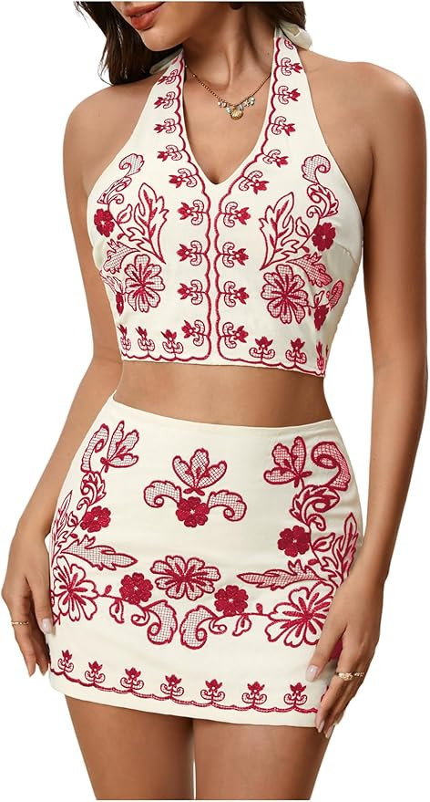 MakeMeChic Women's 2 Piece Skirt Set Cowboy Chic Halter Linen Vacation Set Floral Embroidery Outf... | Amazon (US)