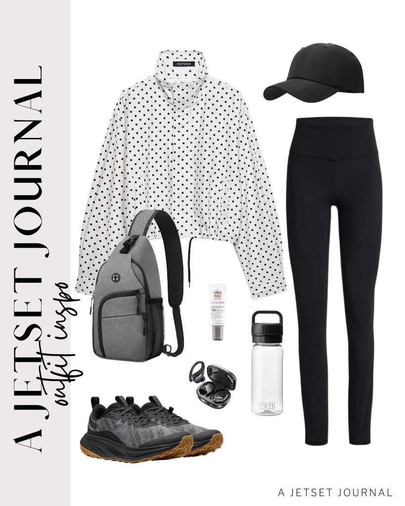 This polka dot cropped zip-up jacket pairs well with black leggings and sneakers. You may want to wear a baseball cap to complete the fit. 

 #LTKSeasonal #LTKSaleAlert #LTKTravel