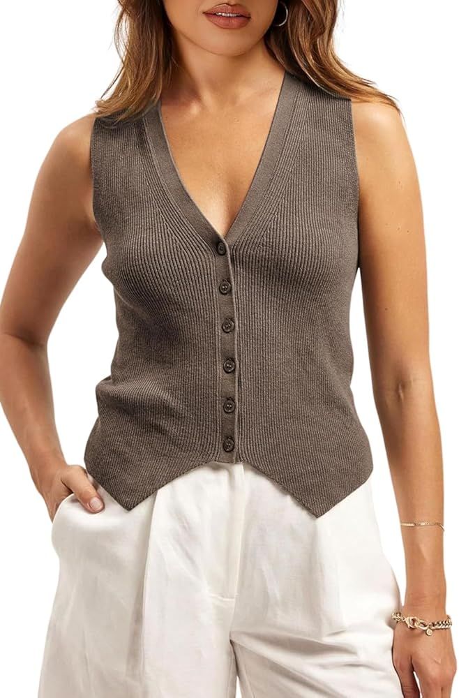 Womens Sleeveless Sweater Vest Knit Button Down V Neck Casual Loose Spring Summer Waistcoat Cardi... | Amazon (US)