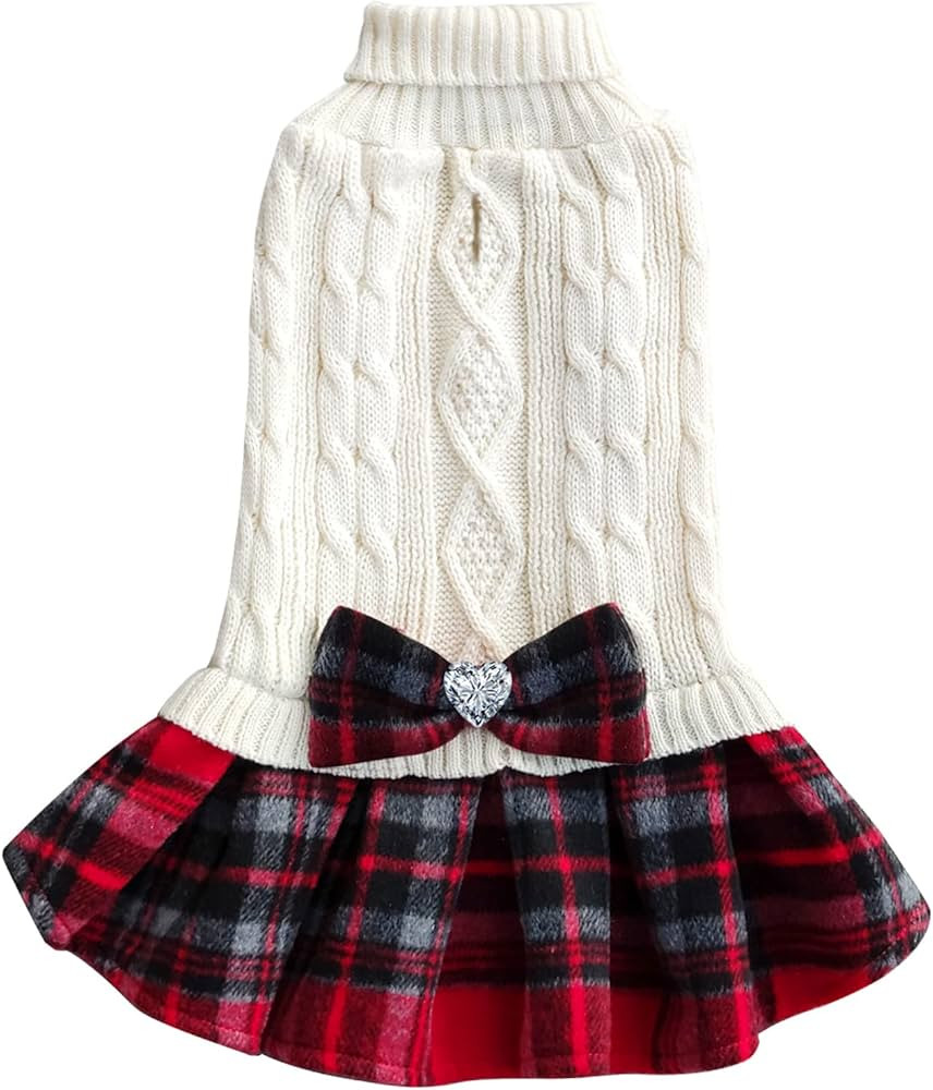 KYEESE Dog Sweater Dress with Bowtie Buffalo Check Red Small Dogs Turtleneck Dog Pullover Knitwea... | Amazon (US)