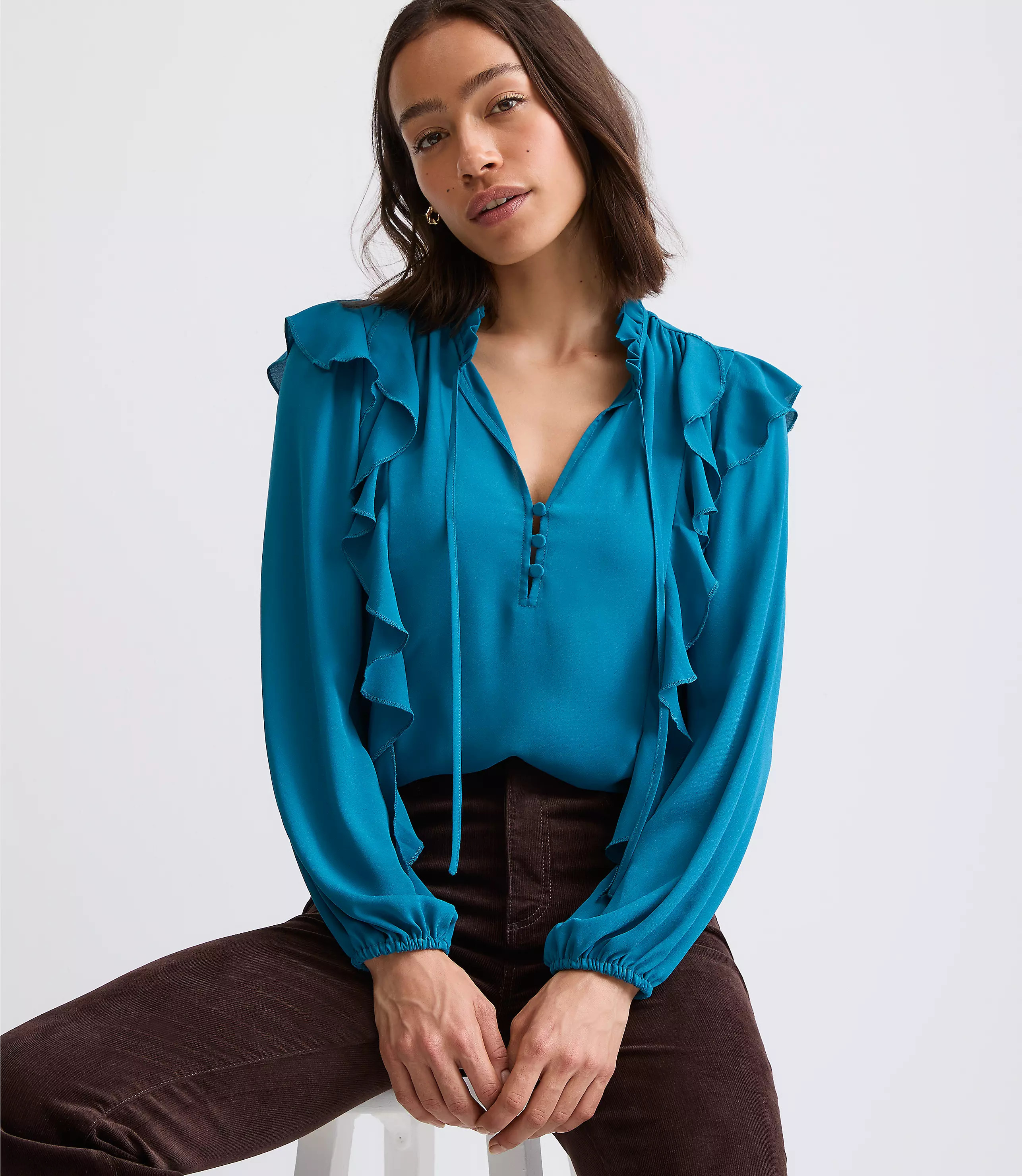 Ruffle Button Tie Neck Blouse | LOFT