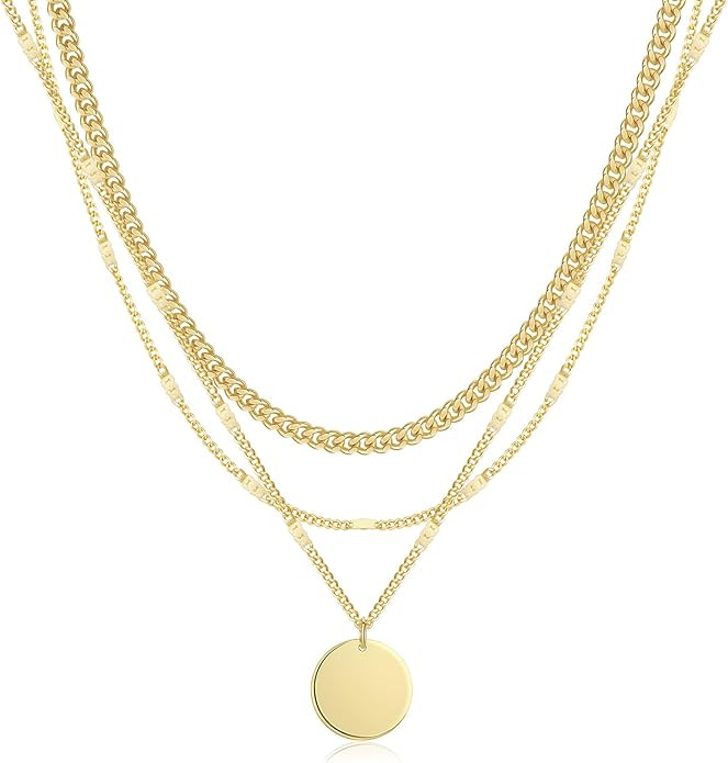 14K Gold Plated Layering Necklaces For Women Gold Necklace Set, Cuban Link, Snake Chain, Papercli... | Amazon (US)
