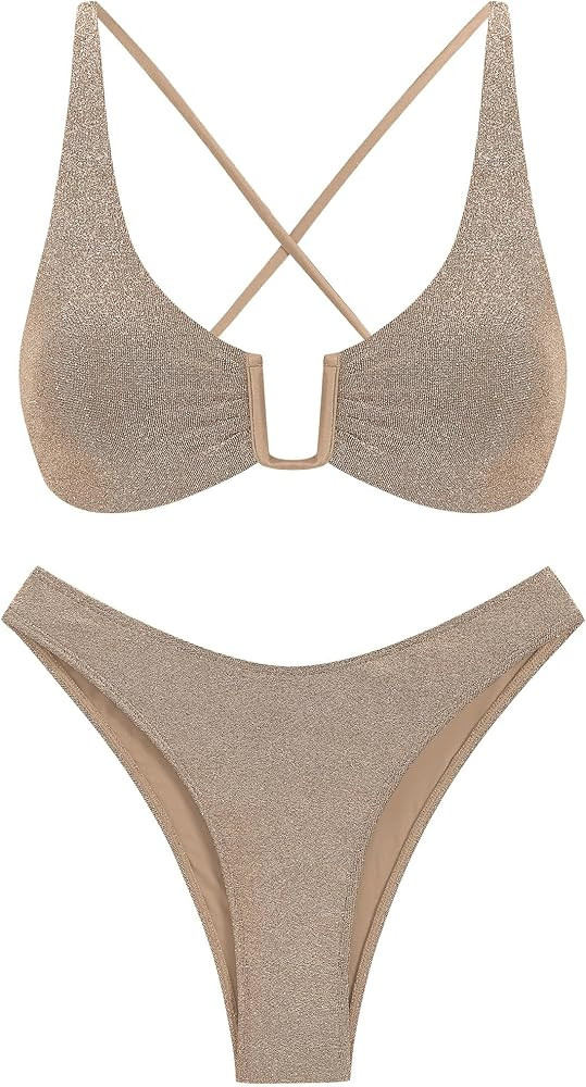 ZAFUL Women's Two Piece Swimsuit Textured U-Wired Metal Criss Cross String Bikini High Leg Bathin... | Amazon (US)