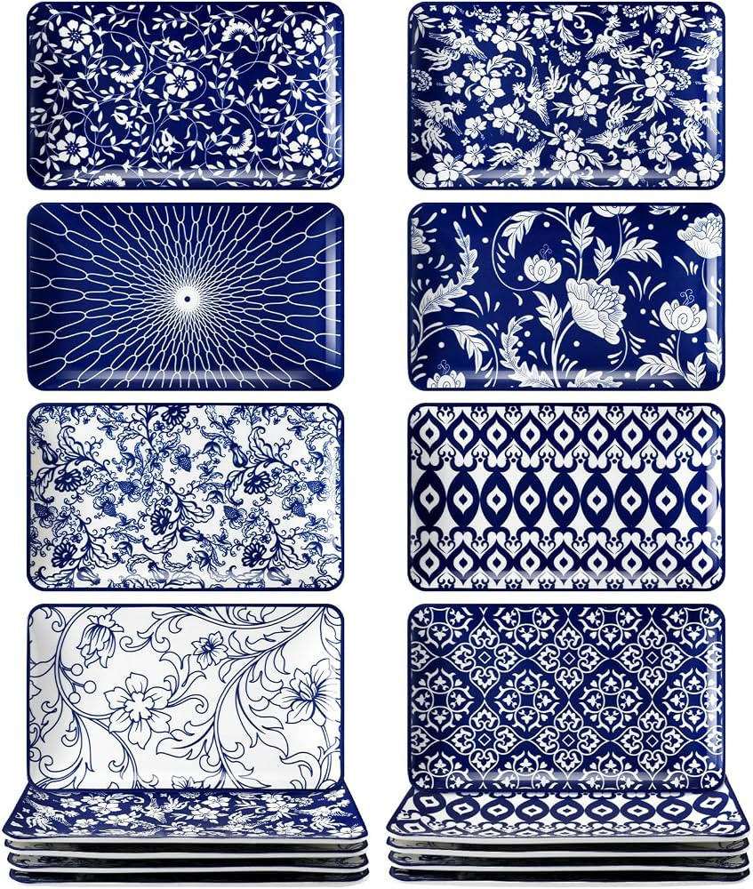 Hushee 8 Pcs Blue and White Ceramic Plates 8.3 x 5 Porcelain Rectangular Salad Plates Blue and Wh... | Amazon (US)