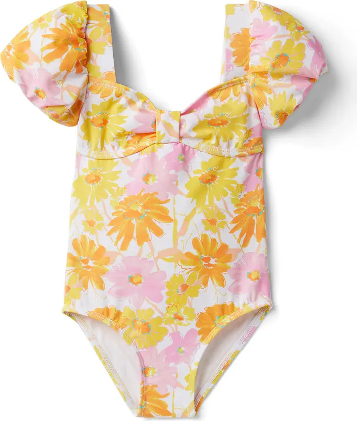 Kids' Floral Print Puff Sleeve One-Piece Swimsuit | Nordstrom