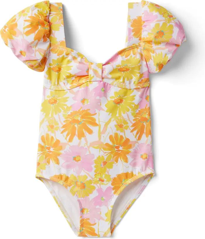 Kids' Floral Print Puff Sleeve One-Piece Swimsuit | Nordstrom