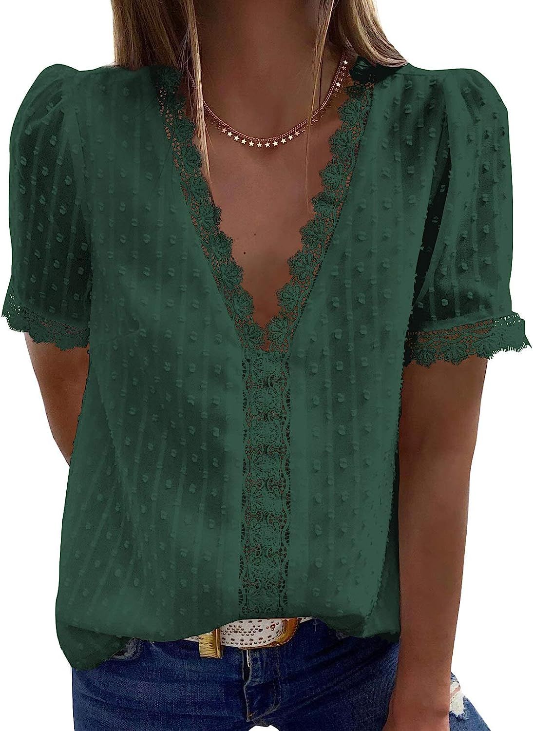 Dokotoo Women's V Neck Lace Crochet Tunic Tops Flowy Casual Blouses Shirts | Amazon (US)