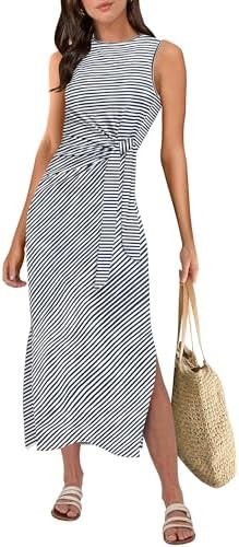 ANRABESS Womens Summer Casual Sleeveless T Shirt Midi Dress Slim Fit Tie Waist Split Tank Long Dr... | Amazon (US)