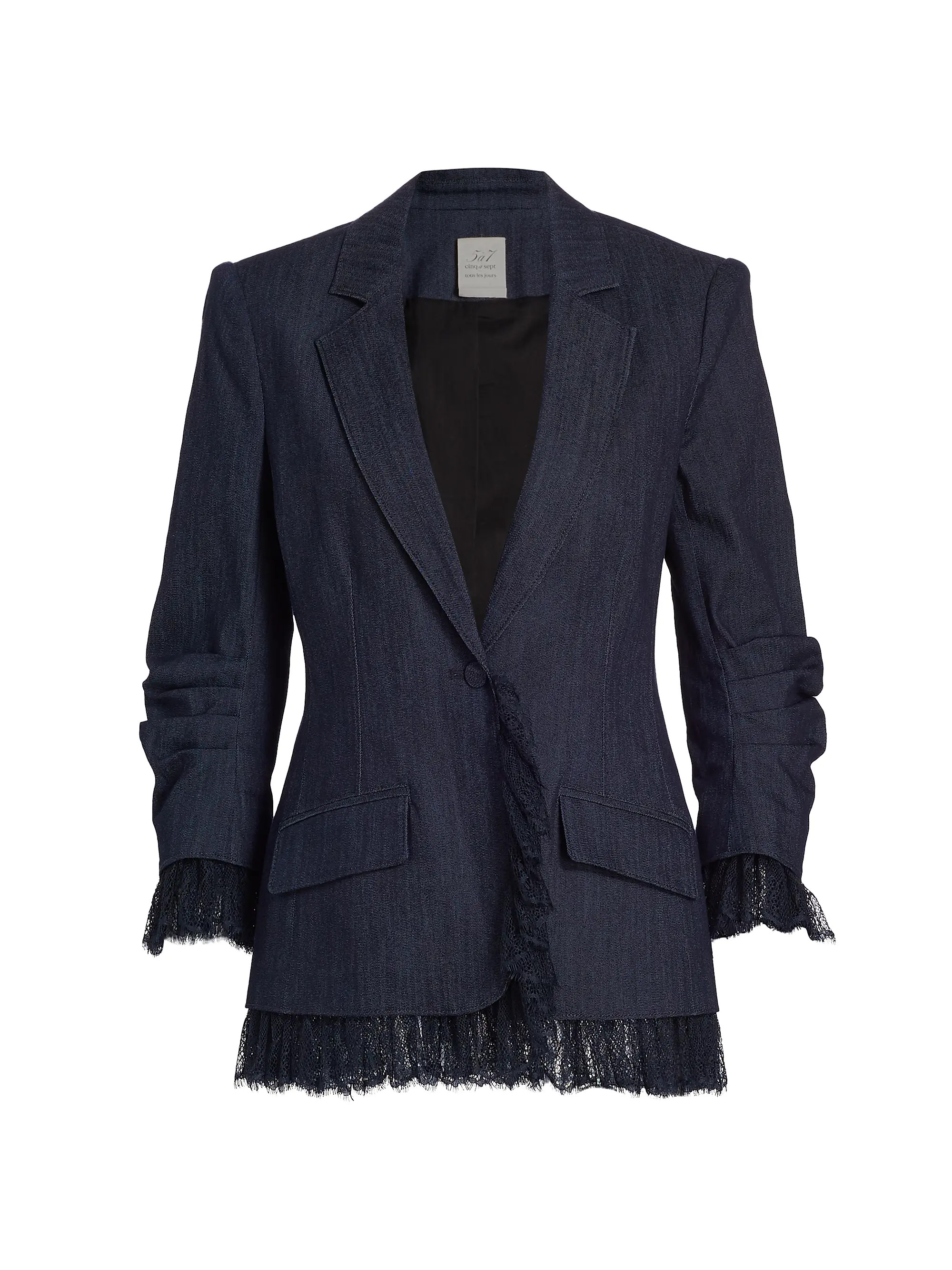 Shop Cinq à Sept Roxie Denim &amp; Lace Blazer | Saks Fifth Avenue | Saks Fifth Avenue