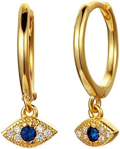 Huggie Hoop Earrings, 14k Gold Plated Sterling Silver Small Blue CZ Evil Eye Earrings for Women | Amazon (US)