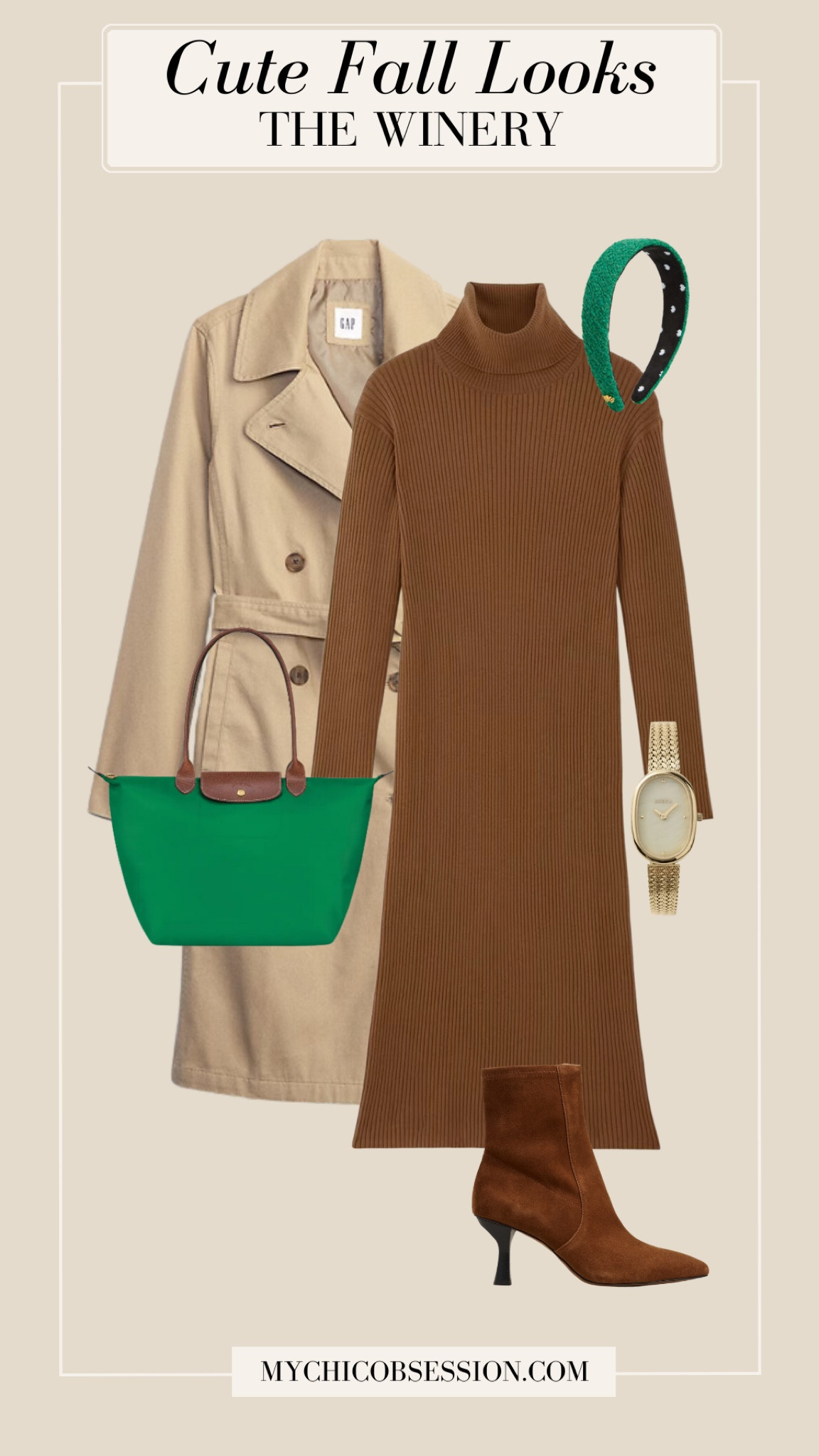 Enjoy a fall day at the winery in a midi sweater dress. Layer on a trench coat, and accessorize with a green headband, a Le Pliage tote bag, gold watch, and suede boots.

#LTKStyleTip #LTKSeasonal