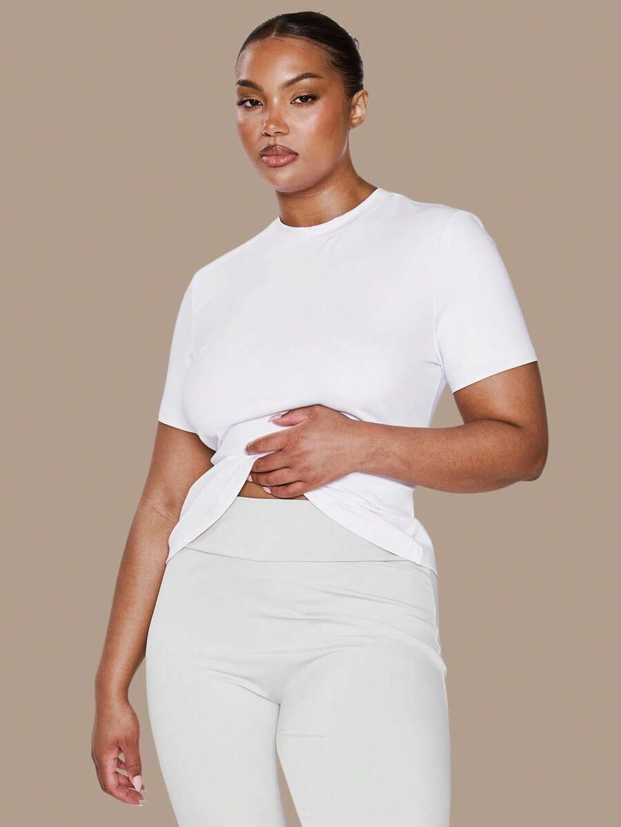MUSERA Plus Short Sleeve Fitted Longline Stretchy T-Shirt Spring, Vacation, Summer, Holiday, Eleg... | SHEIN