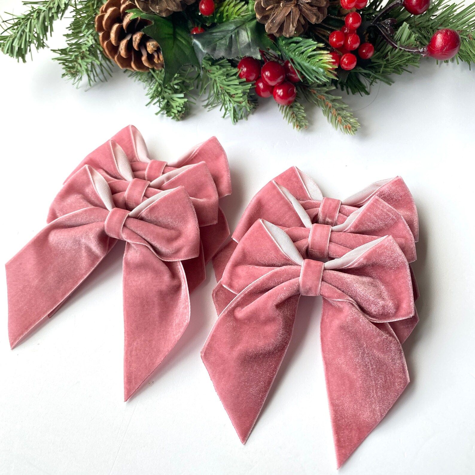 Dusty Pink Velvet Christmas Tree Bows Velvet Bows for - Etsy | Etsy (US)