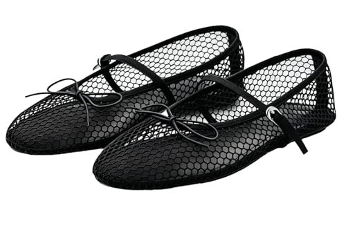 Mezent Mesh Ballet Flats - Mary Jane Flats with Bow Decoration, Adjustable Strap Breathable Mesh Dress Shoes, Non Slip Elegant Casual Footwear for Party Daily Outdoor Shopping Black 8.5 | Amazon (US)
