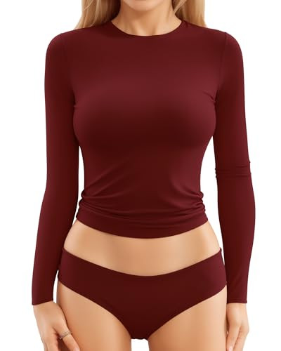 MANGOPOP Womens Long Sleeve Basic Tops Crew Neck Double Lined Fitted T Shirts (Burgundy,S) | Amazon (US)