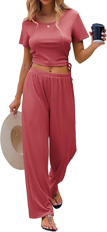 Ekouaer Women‘s 2 Piece Pajama Set Ribbed Knit Short Sleeve Lounge Set Crop Top Wide Leg Pant P... | Amazon (US)