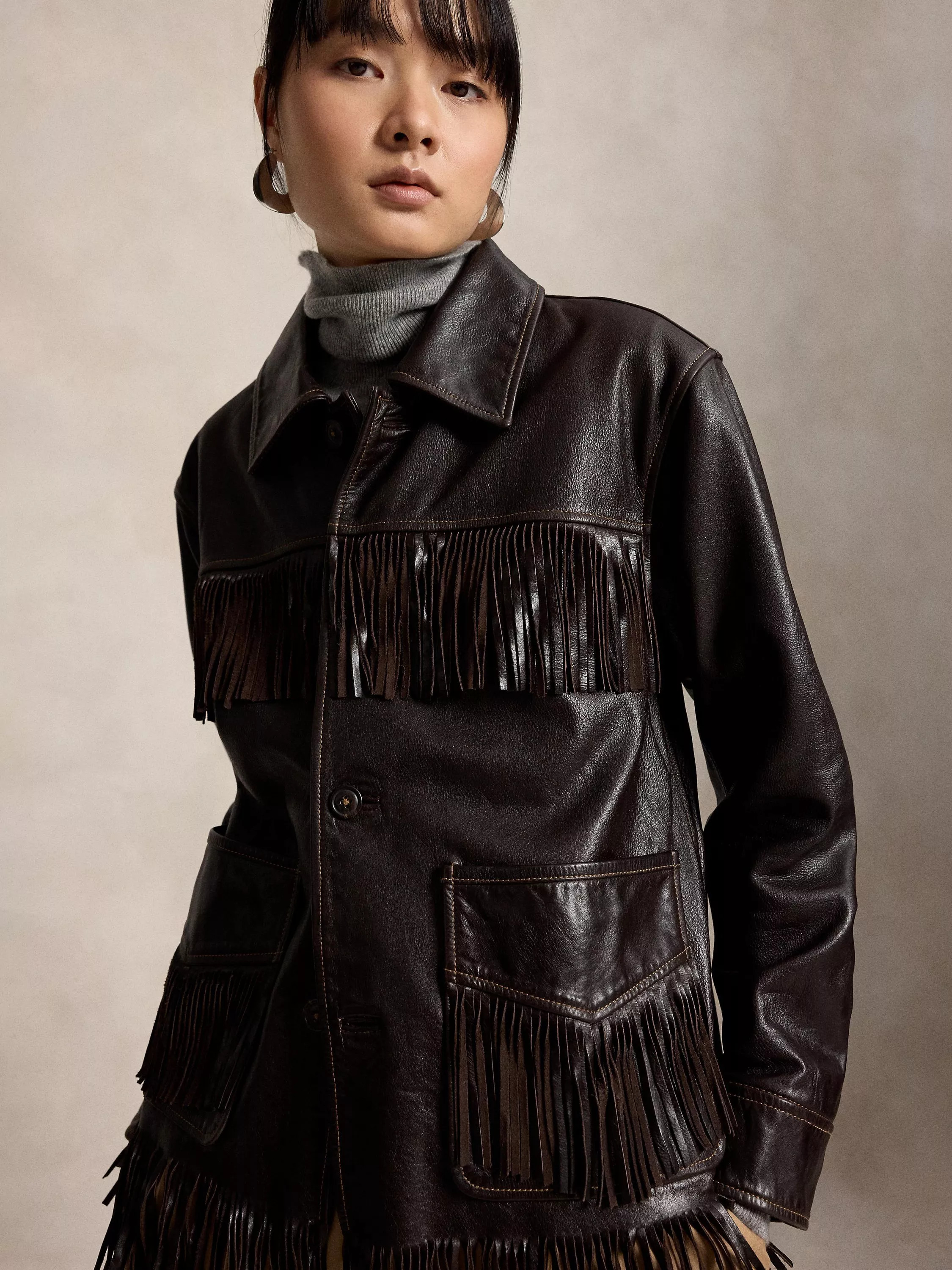 Polo Ralph Lauren Fringe Leather Jacket, Dark Chocolate | John Lewis (UK)