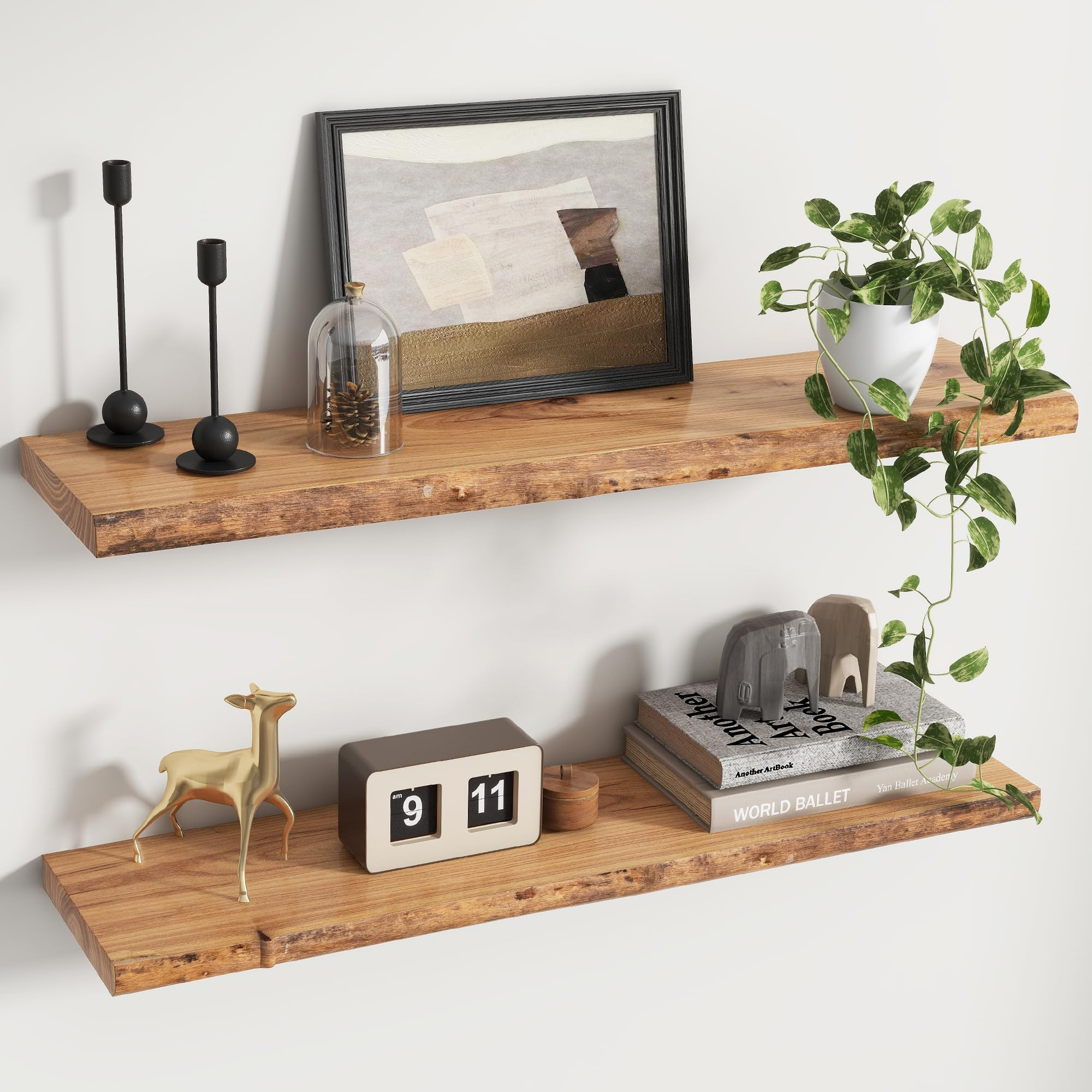 Rustic Elm Wood Floating Shelves for Wall, Live Edge 36"W x 9.2"D x 1.4"H, Set of 2 with Invisibl... | Amazon (US)