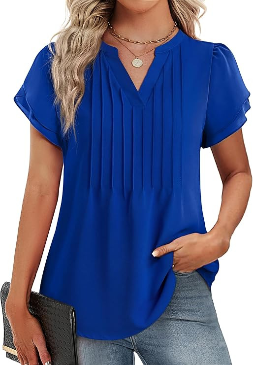 Funlingo Womens Blouses Dressy Casual Short Petal Sleeve Tops Business Summer Pintuck Chiffon Top... | Amazon (US)