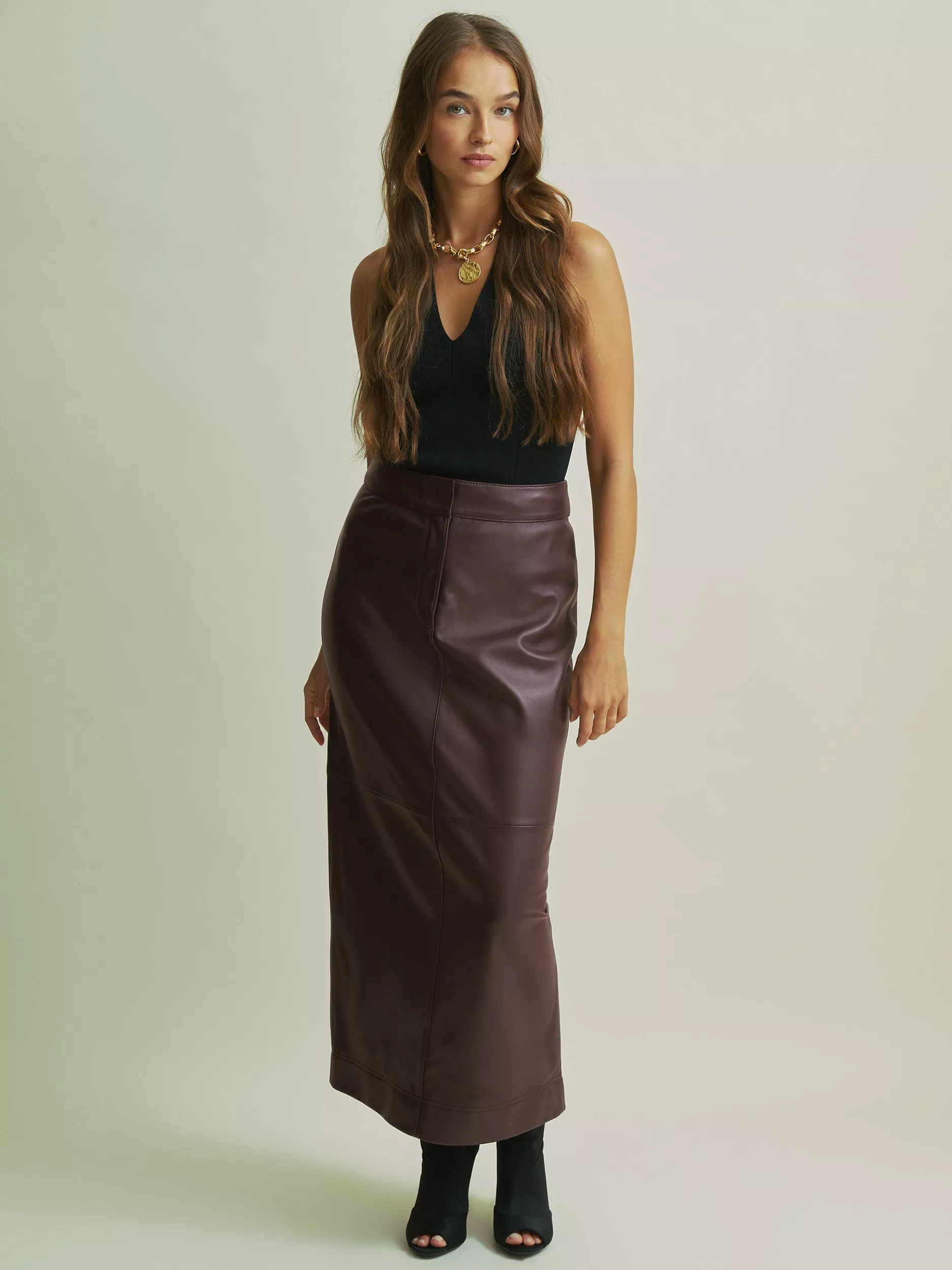 FLORERELeather Pencil Midi Skirt, Berry | John Lewis (UK)