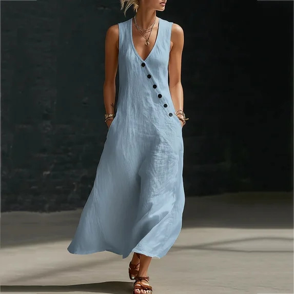 Kojanyu Women's Summer Sleeveless V-Neck Ruffled Long Dress with Belt 100% Cotton Casual Maxi Dre... | Walmart (US)