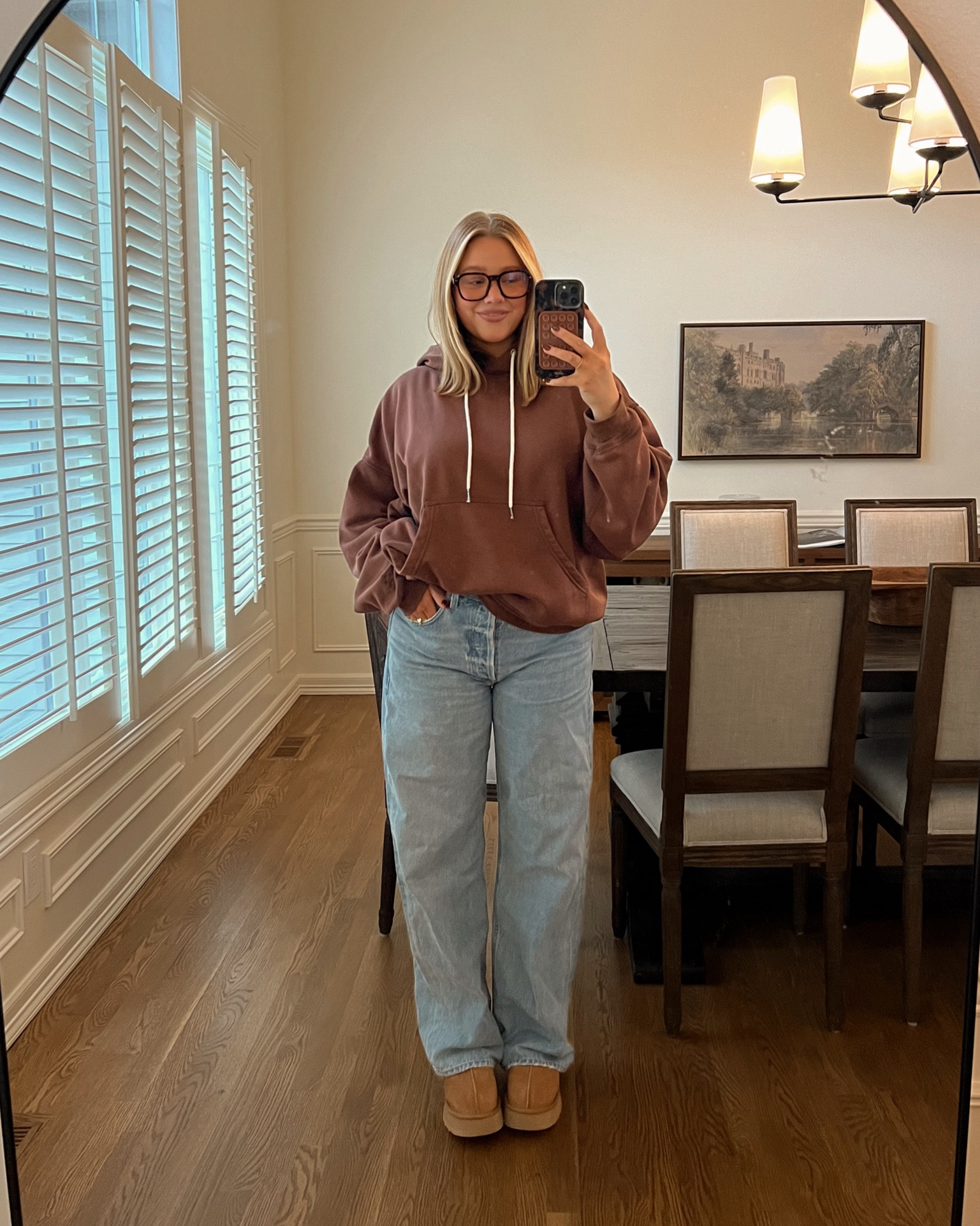 Liner: iconic nude / gloss: caramel
Size down at least 1 or 2 in jeans! Wearing a 28 for a baggy fit. Size M in free people sweatshirt it runs really oversized I love this brown!!!. Love my coach bag I wear often it’s on sale! Keep your true size in uggs. I’m an 8 love these slip on platforms  
