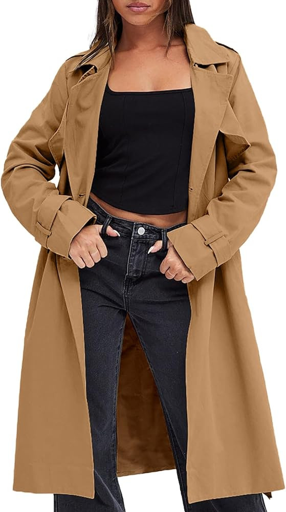 Fisoew Women's Double Breasted Trench Coats Causal Windproof Long Lapel Pocketed Overcoat with Be... | Amazon (US)