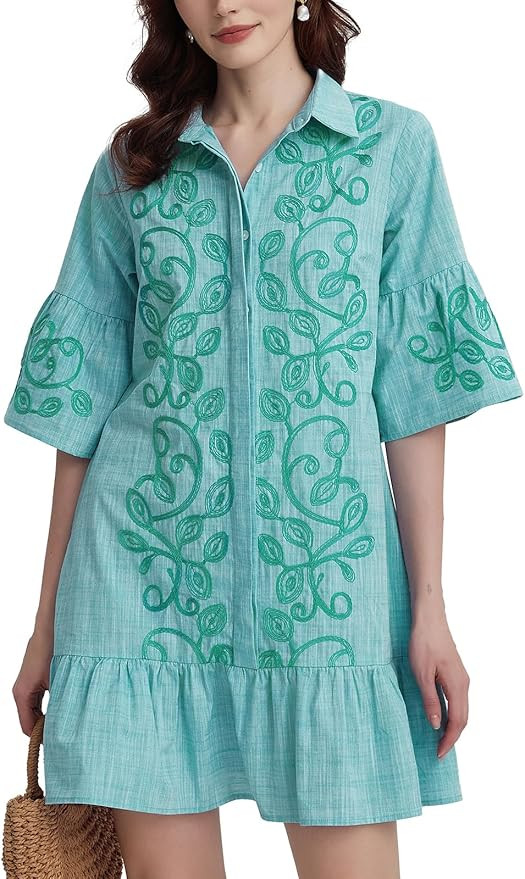 Kedera Women's Summer Button Down Shirt Embroidered Dress Ruffle Sleeve Shift Mini Dresses with P... | Amazon (US)