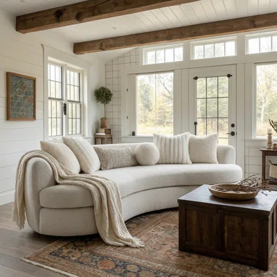105"Beige Boucle 3-Seat Modern Curved Sofa With 6 Down-Filled Toss Pillows,Curved Boucle Couch For Living Room (Beige) | Wayfair North America