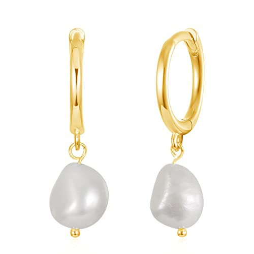 Small Pearl Huggie Hoop Earrings with Dangle for Women, 14K Gold Plated Sterling Silver Huggie Earring with Drop Charm for Everyday | Amazon (US)