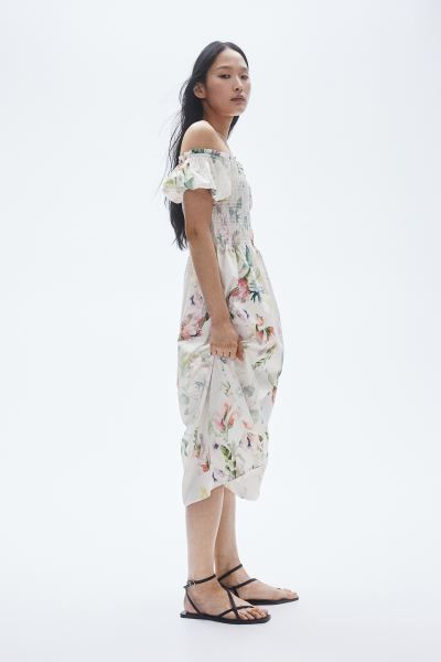 Off-the-shoulder Poplin Dress - White/floral - Ladies | H&M US | H&M (US + CA)