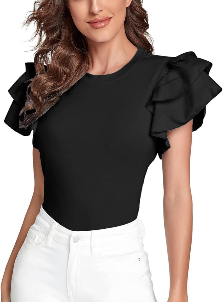 Verdusa Women's Layered Ruffle Butterfly Sleeve Round Neck Blouse Tee Top | Amazon (US)