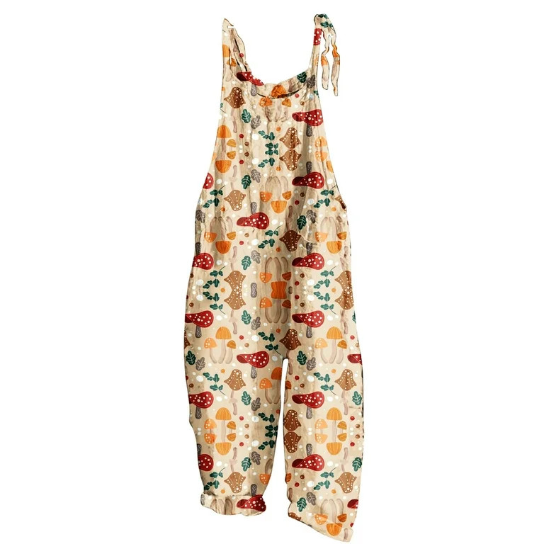 JWZUY Womens Hawaiian Mushroom Print Wide Leg Romper Cotton Linen Bib Overalls Casual Sleeve Spag... | Walmart (US)