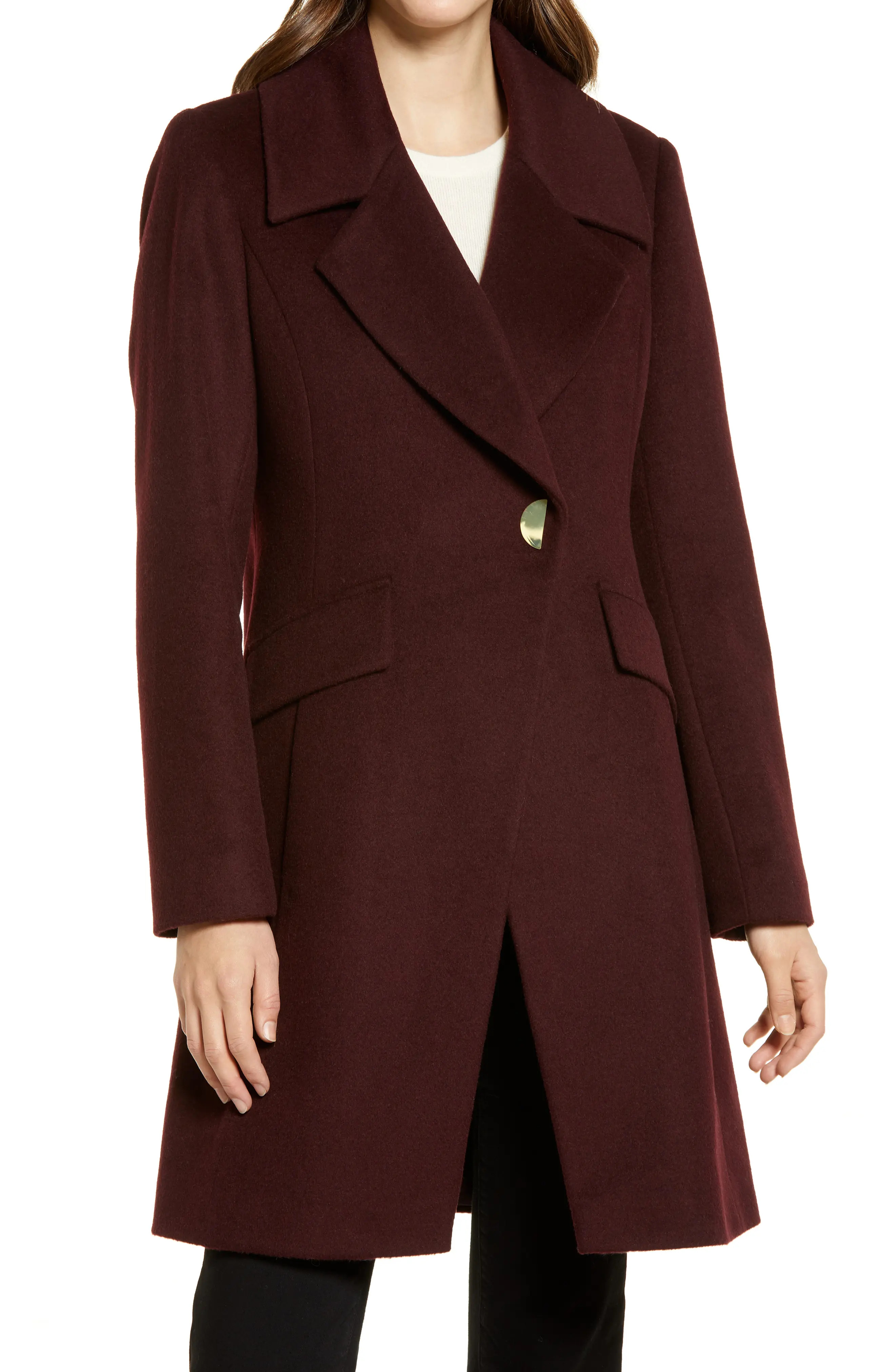 Via Spiga Symmetrical Snap Front Wool Blend Coat in Burgundy at Nordstrom, Size Large | Nordstrom
