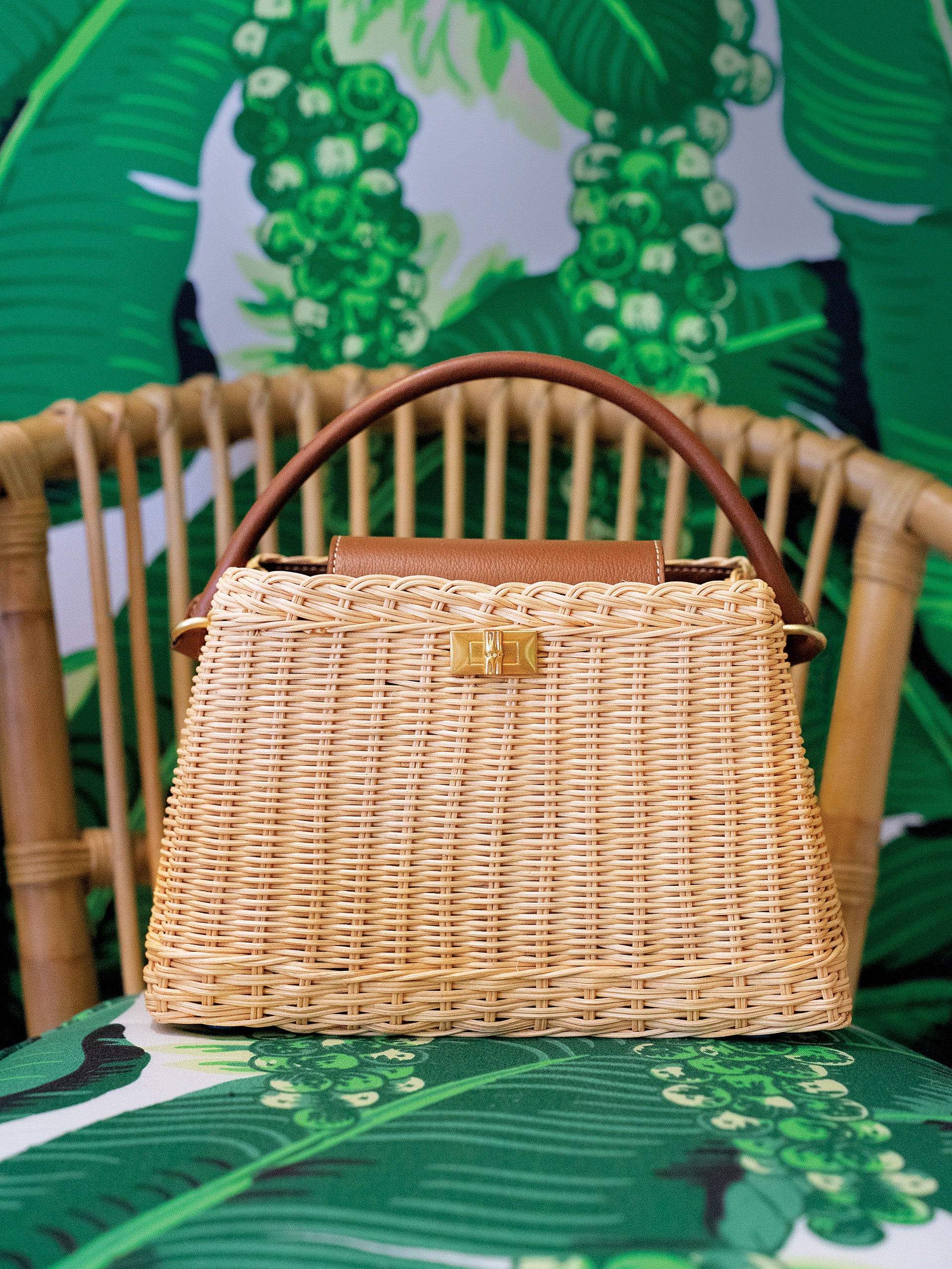 J.McLaughlin Women's Faith Wicker Handbag Natural/Saddle | Leather | J.McLaughlin