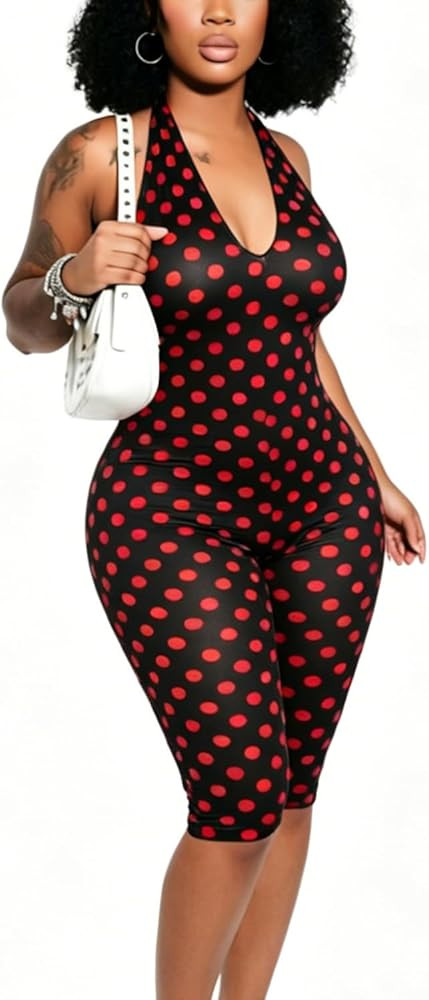 Yeshrie Womens Polka Dot Halter Jumpsuit V Neck Bodycon One Piece Rompers Retro Slim Fit Short Ju... | Amazon (US)