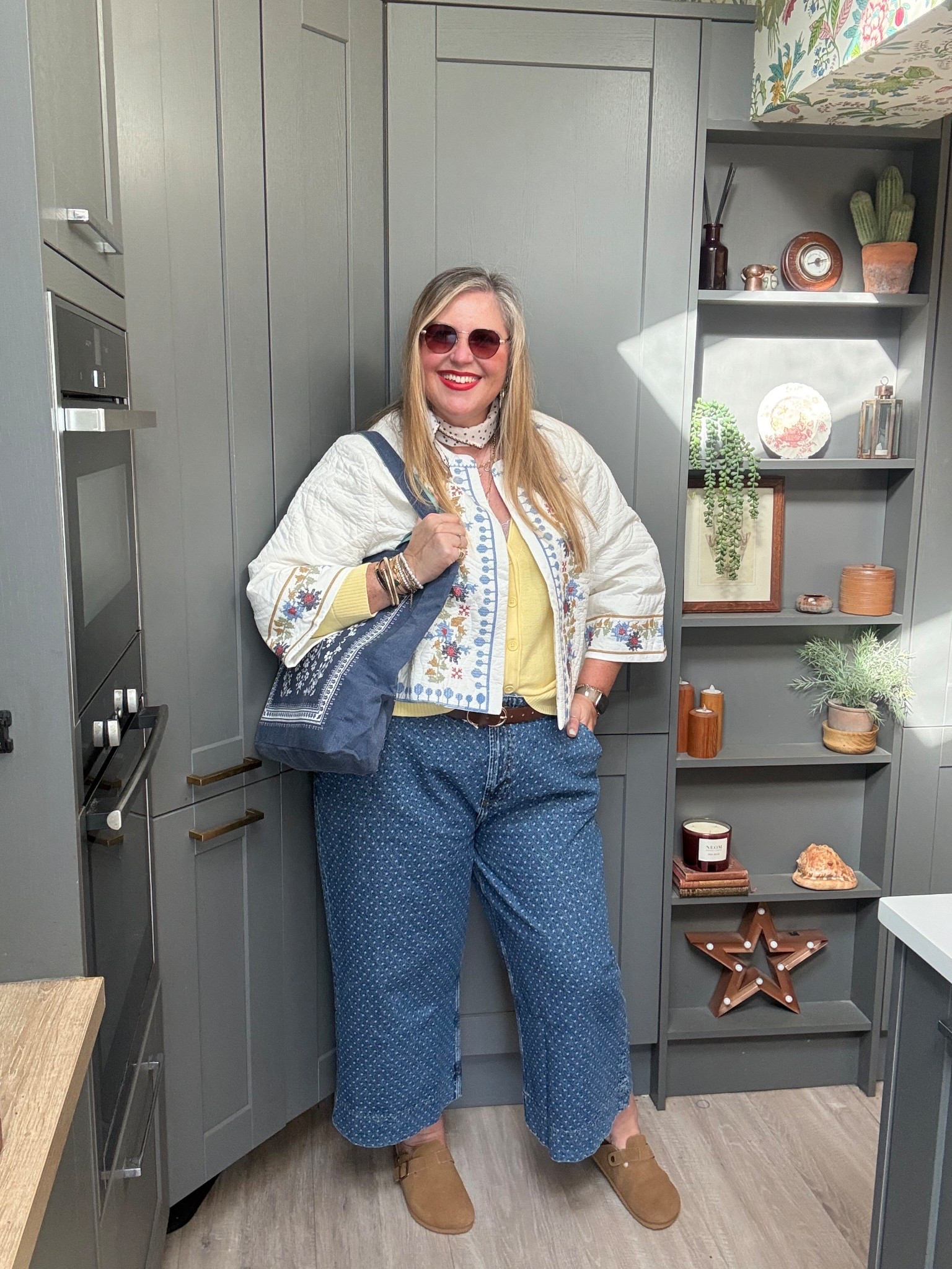 Spring inspo, polka dot jeans, yellow cardigan, quilted embroidered jacket, mules, bandana bag, sunglasses, neck scarf 

#LTKPlusSize #LTKOver40 

#LTKspringtrends