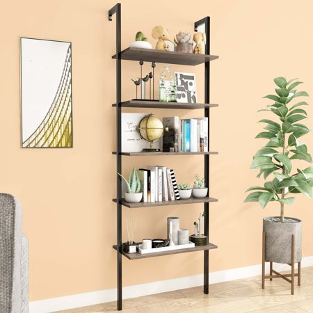 ENYOPRO Rustic 5-Shelf Tall Bookcase Wall Mount Ladder Bookshelf w/ Natural Wood Finish and Metal Fr | Walmart (US)