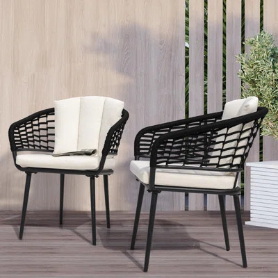 Outdoor Patio Woven Rope Chairs with Adjustable Feet, 1.97" Thick Cushions, Power-Coated Aluminum Frame, Black and Beige | Wayfair North America