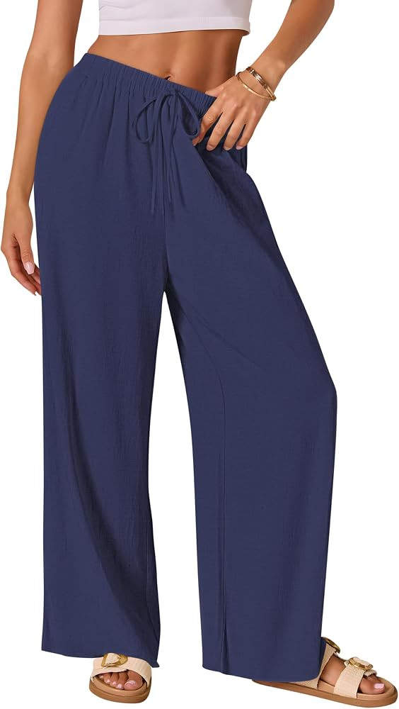 AISEW Women's Cotton Linen Palazzo Pants Drawstring Elastic Waist Casual Wide Leg Long Lounge Tro... | Amazon (CA)