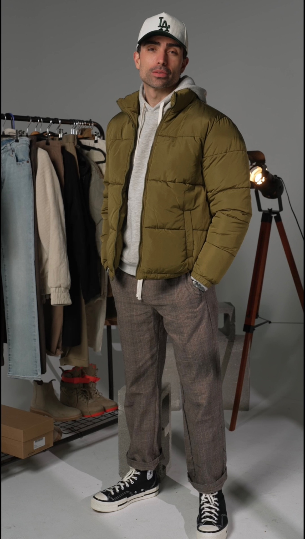 Men’s casual style 
Grey Hoodie
Herringbone Trousers
Black Chuck Taylor 70 Plus
Green Puffer Jacket 
Cream and Green Hat

#LTKmens #LTKstyletip #LTKSeasonal