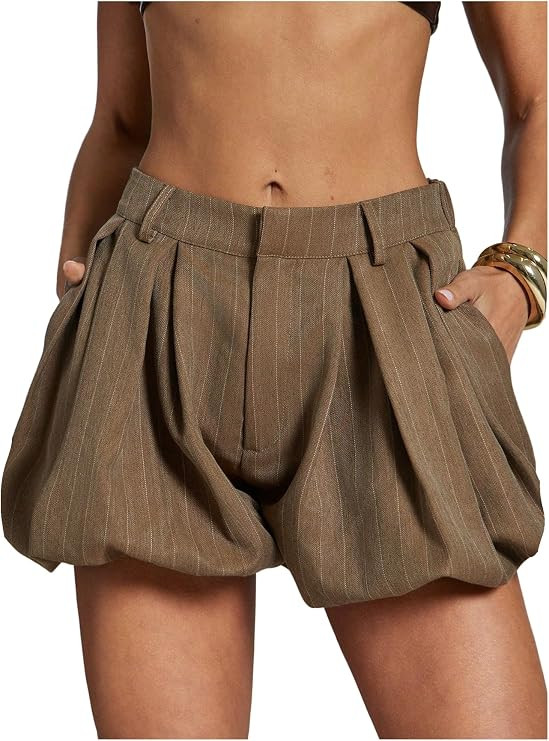 SweatyRocks Women's Y2k Striped Bubble Shorts Elastic High Waisted Puffy Mini Shorts with Pockets | Amazon (US)