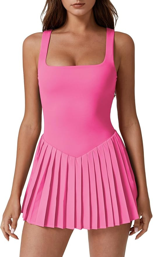 QINSEN Womens Square Neck Tennis Dress Pleated Sleeveless Built in Shorts Golf Athletic Dress wit... | Amazon (US)