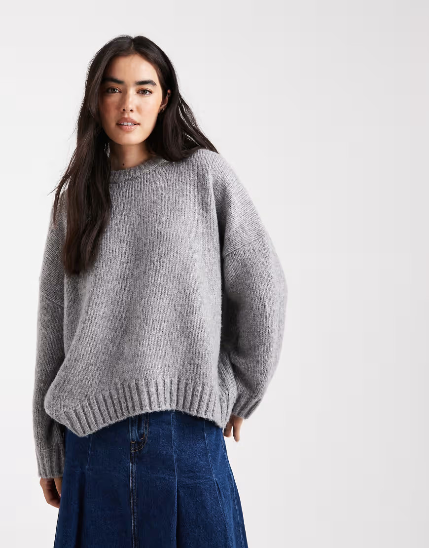 ASOS DESIGN oversized crew neck sweater with curved hem in gray | ASOS (Global)