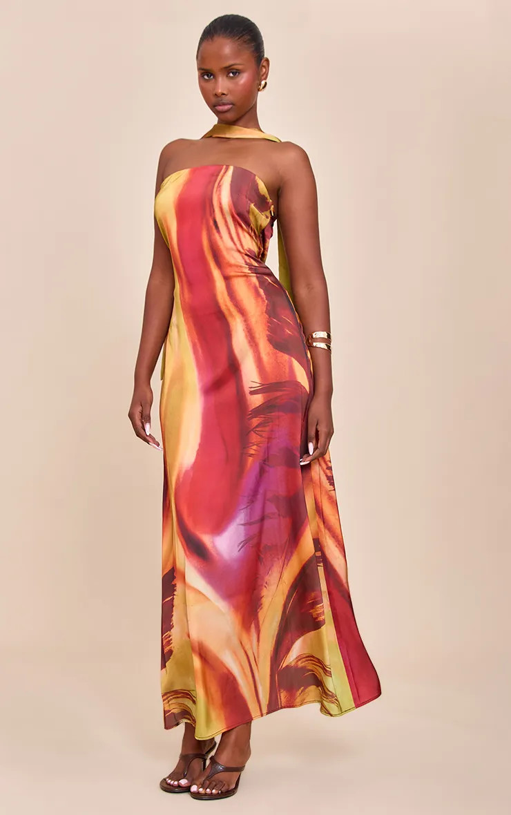 Pink Abstract Print Satin Bandeau Scarf Detail Maxi Dress | PrettyLittleThing | PrettyLittleThing UK