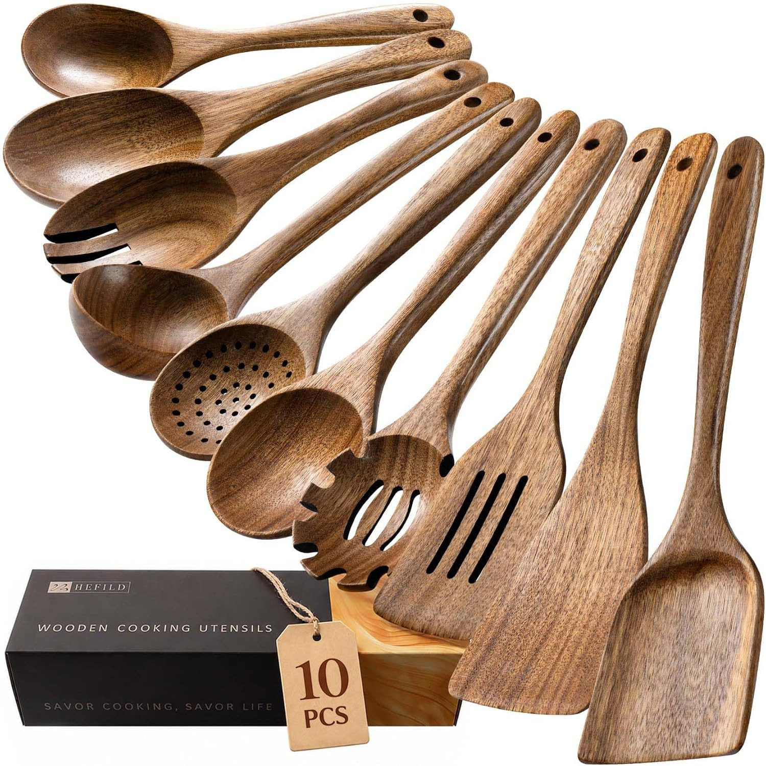Wooden Spoons for Cooking, 10-Piece Acacia Wood Cooking Utensil Set | Amazon (US)