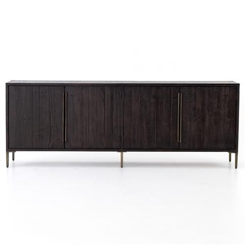 Yvette Rustic Dark Brown Reclaimed Pine Wood Brass Gold Iron 4 Door Sideboard | Kathy Kuo Home