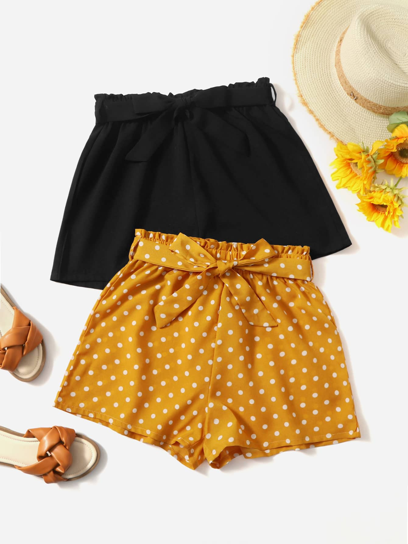 SHEIN Teen Girls 2pcs Paperbag Waist Belted Shorts | SHEIN